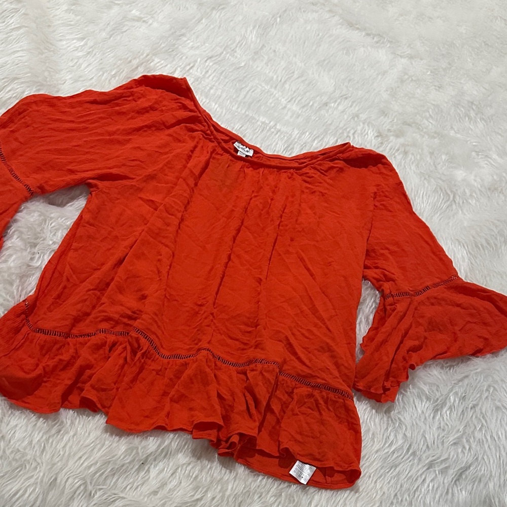 Avenue Bold Orange Ruffle Sleeve Blouse